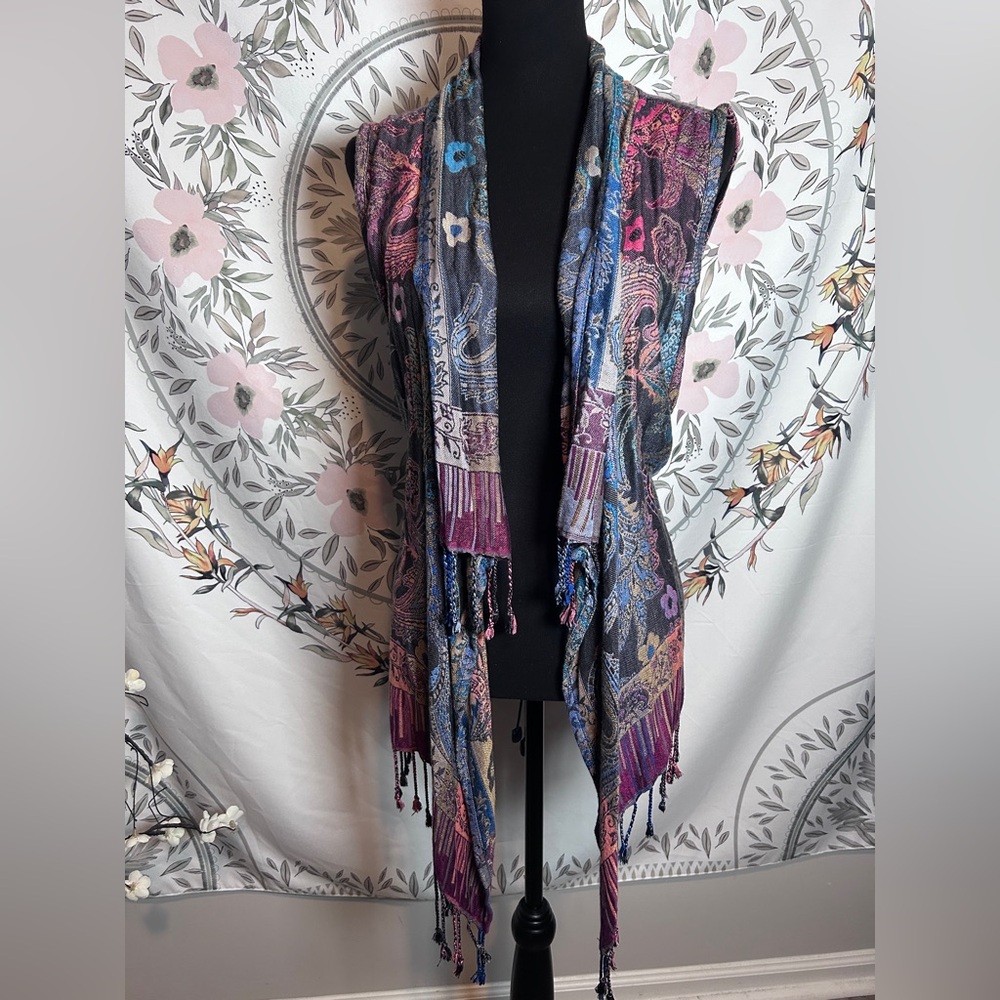 Colorful Bohemian Fringe ANU Boho Patchwork Cape Vest Asymmetrical Festival L